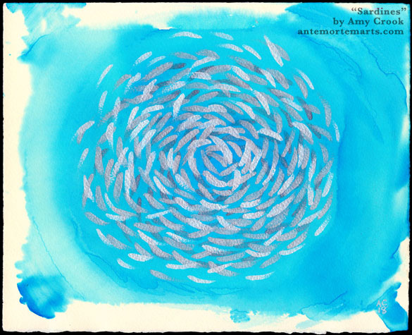 Sardines by Amy Crook, whirling layers of silver sardines circling against a turquoise ink backdrop on buff paper