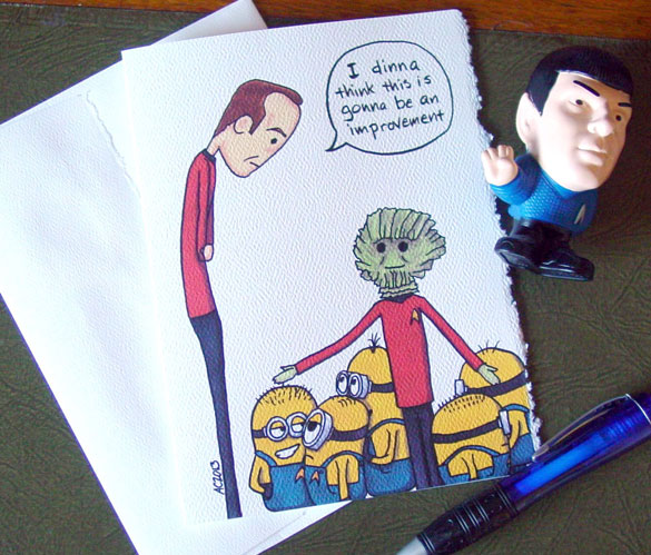 Scotty Gets Minions, blank greeting card by Amy Crook at Etsy