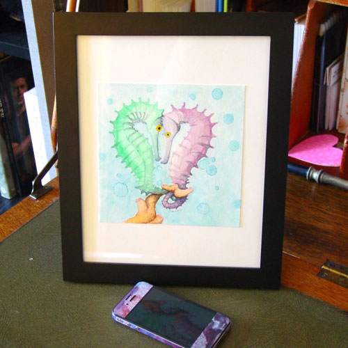 Seahorse Heart, framed watercolor by Amy Crook