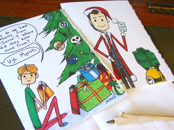 two Sherlock holiday cards and a spooky pen made of bone