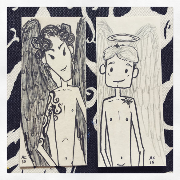 Devil & Angel bookmarks, Sherlock parody art by Amy Crook