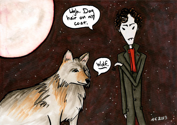 Alternate Universes: Vampire/Werewolf, parody Sherlock comic by Amy Crook