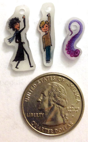 Sherlock, Dr. Watson and a Tentacle, Shrinky Dinks, shrunk, by Amy Crook