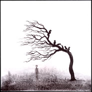 six crows, a bare tree, and a figure in the fog, art by Amy Crook