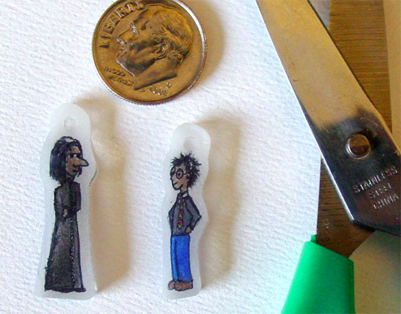 Snape and Harry Shrinky Dinks, after, by Amy Crook