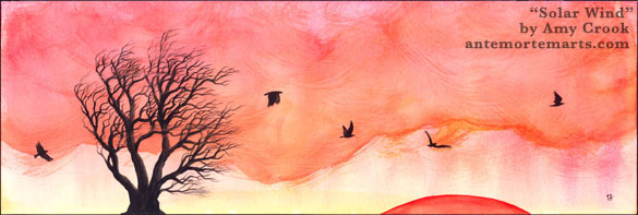 Solar Wind by Amy Crook, a watercolor painting of crows and a windblown tree at sunset
