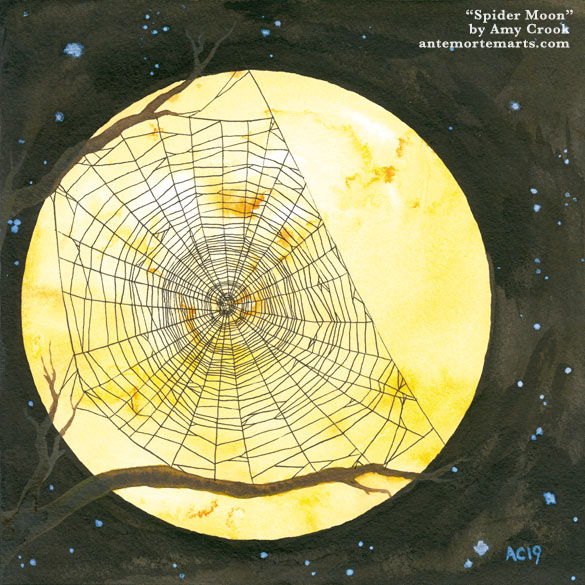 ink and watercolor art of a spiderweb stretched between branches silhouetted against a golden moon by Amy Crook