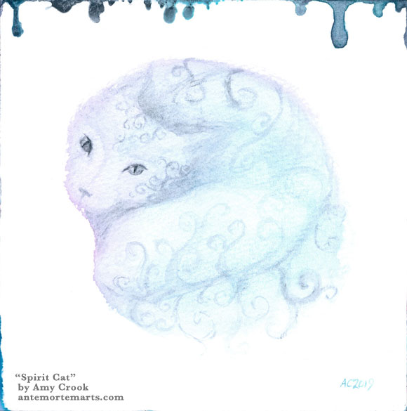 Spirit Cat by Amy Crook, a translucent blue watercolor cat with spiral markings