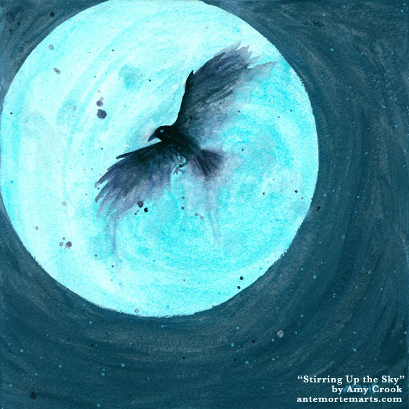 Stirring Up the Sky by Amy Crook, watercolor painting of a black crow against a shiny blue moon in a shiny dark blue sky