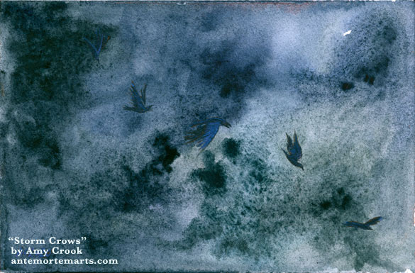 a watercolor painting of five black crows with shiny purple highlights against a dark roiling blue stormcloud, by Amy Crook