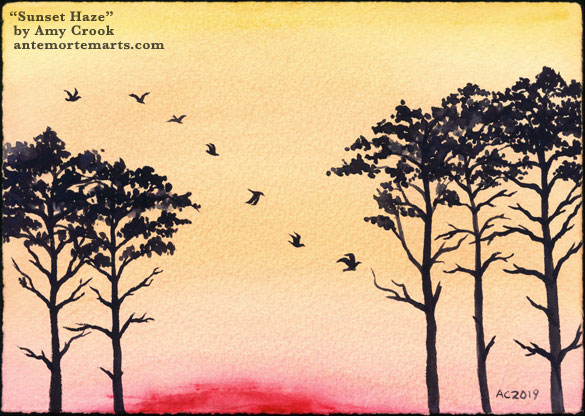 Sunset Haze by Amy Crook, a watercolor painting of trees and a flight of birds silhouetted against the sun