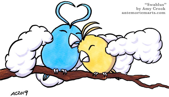 blue and gold Swablus cuddling on a branch, by Amy Crook