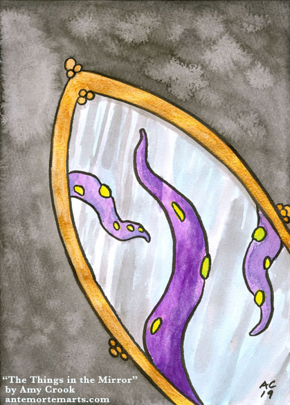 an ink and watercolor painting of purple tentacles slithering inside a gold-framed mirror