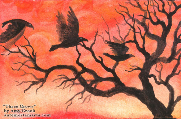 three crows with shining eyes flying past a setting sun, and a twisted, spooky tree, watercolor by Amy Crook