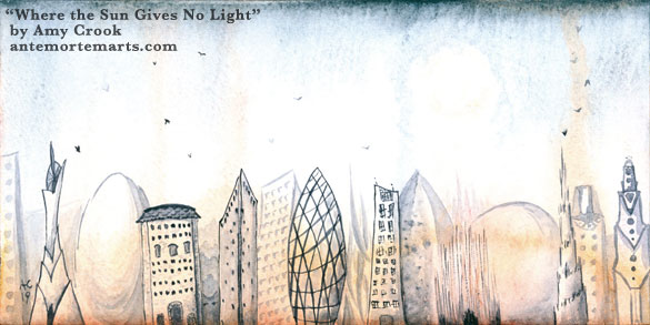 Where the Sun Gives No Light by Amy Crook, an alien city skyline against a strange sky filled with birds