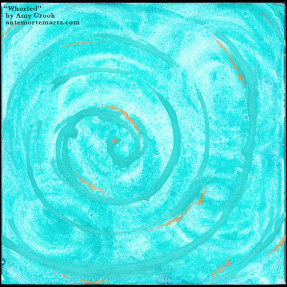 an abstract watercolor of overlapping turquoise spirals accented in coppery gold by Amy Crook