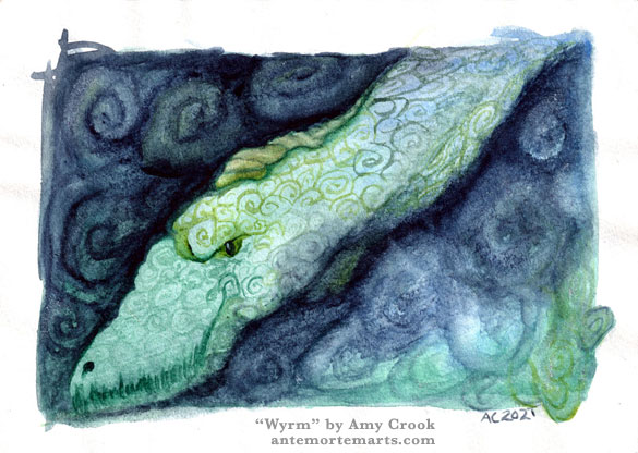 a watercolor painting of a green dragon's head with spiral scales